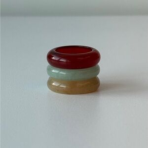 Stone Trilogy Stack Yellow Jade Red Agate Aventurine Ring Set Of 3 Bands, Size 9